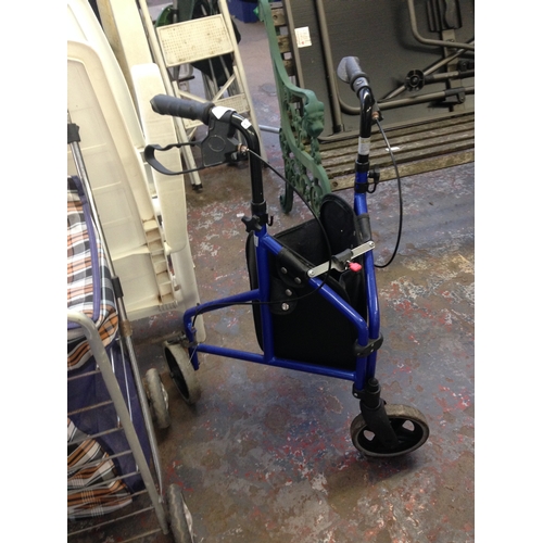 39 - A BLUE THREE WHEELED WALKING AID WITH BRAKES