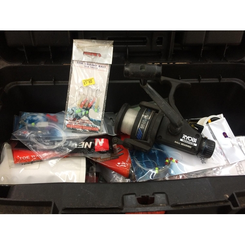 104 - A BLACK PLASTIC TOOLBOX CONTAINING FISHING EQUIPMENT TO INCLUDE RYOBI REEL, HOOKS, LINE ETC