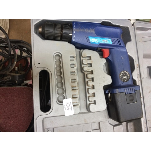 106 - THREE CASED POWER TOOLS TO INCLUDE A HILKA 12V CORDLESS DRILL, BLACK & DECKER MOUSE ELECTRIC DETAIL ... 