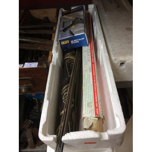 72 - FOUR BOXES CONTAINING GOOD QUALITY CHISELS, BOXED POWERCRAFT GLUE STICKS, BRACING RODS ETC