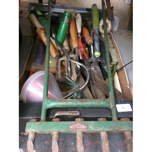 83 - TWO BOXES CONTAINING GARDENING HAND TOOLS, SAND PAPER, PLIERS, LAWN AERATOR ETC