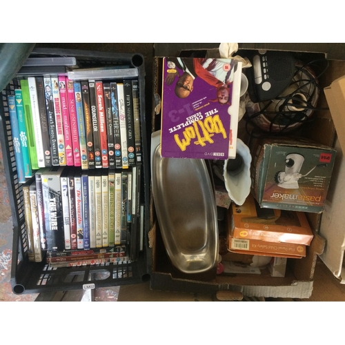 341 - FIVE BOXES CONTAINING DOLLS, DVD'S, LADIES SHOES, CHINA ETC