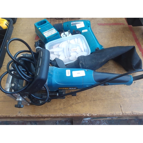 106 - THREE ITEMS TO INCLUDE A MAKITA  7.2 VOLT CORDLESS DRILL WITH BATTERY AND CHARGER (Model 6010D), A W... 