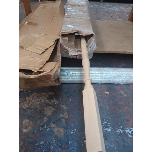 123 - THREE ITEMS TO INCLUDE BOXED WHITE OAK STAIR SPINDLES, DOOR POST AND A LARGE QUANTITY OF PVC ELECTRI... 