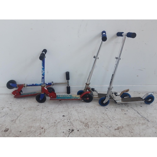 13 - FOUR CHILD'S FOLDING SCOOTERS TO INCLUDE TWO RED MISTRAL AND TWO G300'S