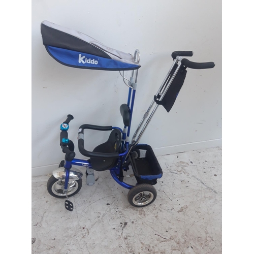 16 - A BLUE KIDDO CHILD'S TRICYCLE WITH ADULTS SAFETY HANDLE