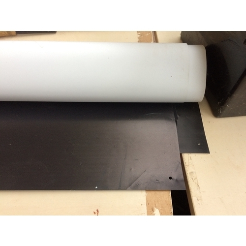 141 - A QUANTITY OF BLACK VINYL SHEETS AND ADVERTISING SIGNS