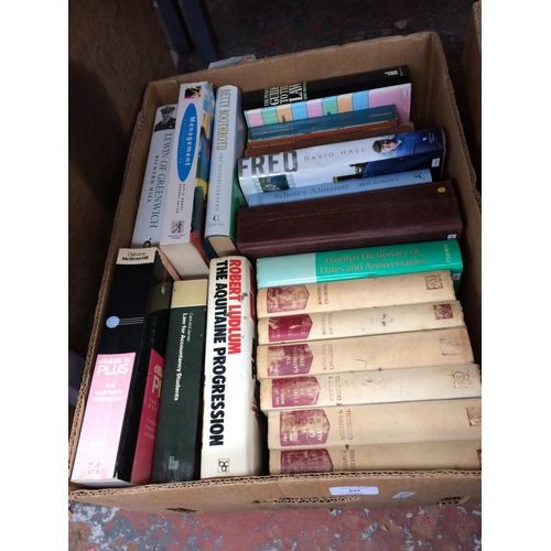 340 - THREE BOXES CONTAINING MIXED BOOKS AND SOFTWAVE MAGAZINES TO INCLUDE AQUITAINE PROGRESSION, MANAGEME... 