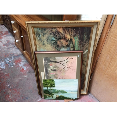 537 - THREE ITEMS: A LARGE PRINT OF A COUNTRYSIDE SCENE, OIL ON BOARD OF BORTH Y GEST HARBOUR AND A PRINT ... 