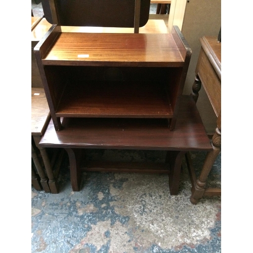 609 - TWO ITEMS: A SMALL PINE COFFEE TABLE AND A TEAK TWO TIER TABLE