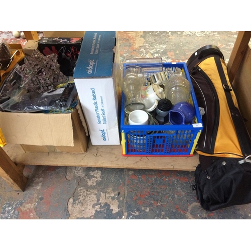 117 - A LARGE MIXED LOT TO INCLUDE EIGHT BOXES AND BAGS CONTAINING GLASSWARE, ELECTRICAL ITEMS, LARGE FIRE... 