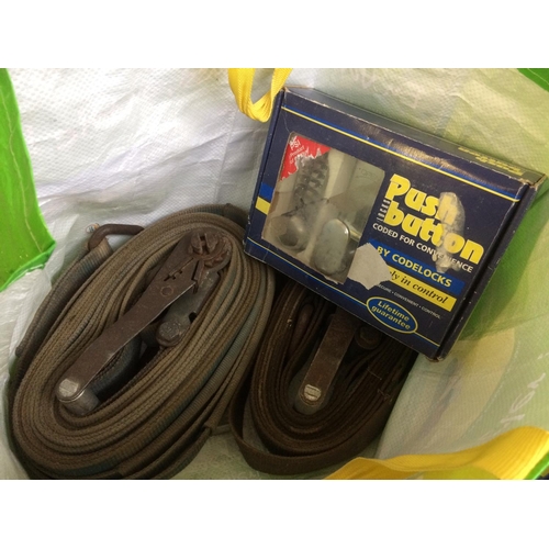 136 - TWO HEAVY DUTY RATCHET STRAPS AND A BOXED PUSH BUTTON COMBINATION DOOR LOCK