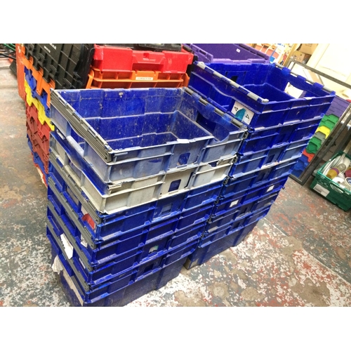 149 - THIRTEEN BLUE PLASTIC STACKABLE STORAGE BOXES