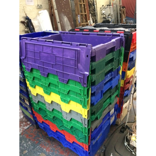 151 - TEN VARIOUS COLOURED HEAVY DUTY STACKABLE STORAGE BOXES WITH LIDS