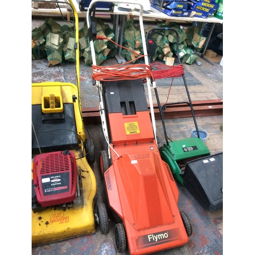 159 - AN ORANGE FLYMO ELECTRIC ROLLER MOWER WITH GRASS COLLECTOR (Model CHEVRON RE420)