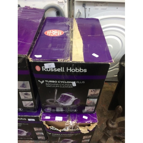 234 - A BOXED RUSSELL HOBBS TURBO CYCLONIC PLUS BAGLESS CYLINDER VACUUM CLEANER (W/O)