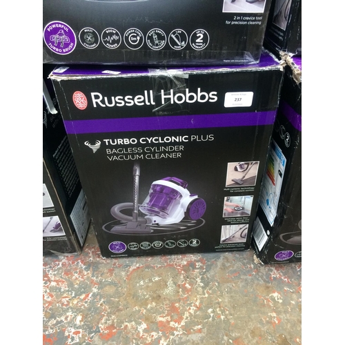 237 - A BOXED RUSSELL HOBBS TURBO CYCLONIC PLUS BAGLESS CYLINDER VACUUM CLEANER (W/O)