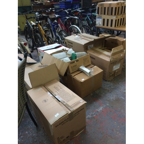 256 - ELEVEN BOXES OF GOOD QUALITY OFFICE EQUIPMENT TO INCLUDE LANDLINE PHONES, FILING CABINET INSERTS, 3M... 