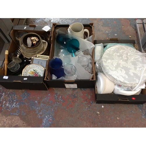 301 - THREE BOXES CONTAINING SILVER PLATED WARE, PICTURE FRAMES, GLASSWARE, PICNIC ITEMS ETC