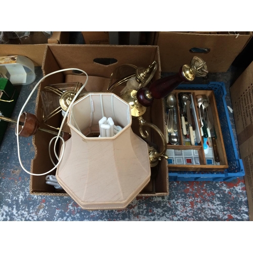 303 - TWO BOXES CONTAINING CEILING LIGHTS AND CUTLERY