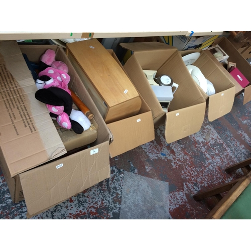 304 - FIVE BOXES CONTAINING KITCHENWARE, CHINA, TEDDY BEARS, BREAD BIN, FIGURINES ETC