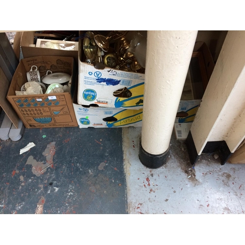 306 - FOUR BOXES CONTAINING CHINA, PAINTINGS, CEILING LIGHTS, CARMEN HAIR ROLLERS ETC