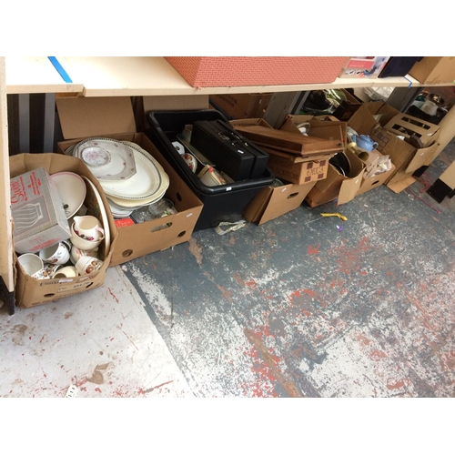 307 - SEVEN BOXES CONTAINING CHINA, GLASSWARE, ORNAMENTS, KITCHENWARE, BAROMETER, WOODEN TRAYS ETC