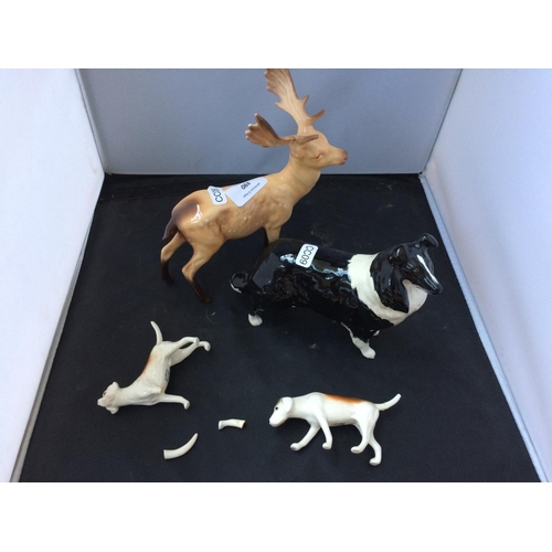 390 - FOUR BESWICK FIGURINES TO INCLUDE A COLLIE DOG, TWO HUNTING DOGS AND A STAG (THREE A/F)