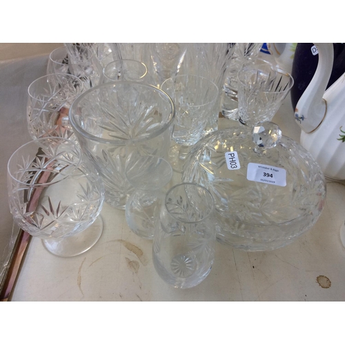 394 - A LARGE COLLECTION OF GLASSWARE TO INCLUDE BRANDY GLASSES, VASES, BOWLS, SHERRY GLASSES ETC