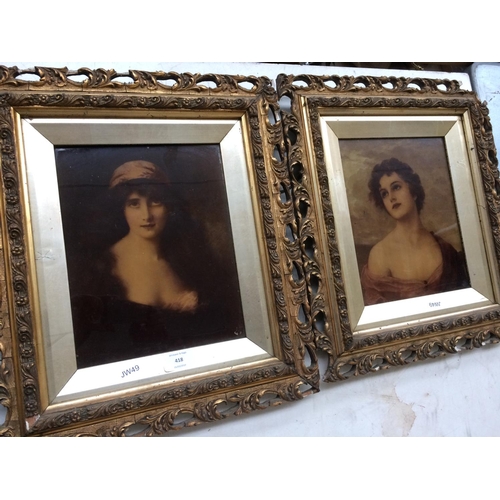 418 - TWO VINTAGE GILT FRAMED PAINTINGS ON GLASS OF LADIES (FRAMES A/F)