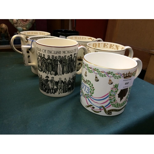 492 - SIX WEDGWOOD CERAMIC OVERSIZED MUGS AND A BRISTOL POTTERY LOVING MUG