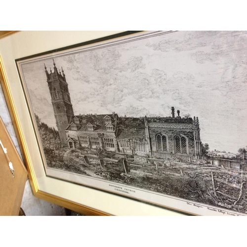 519 - TWO PICTURES AND A MIRROR TO INCLUDE A ROSTHERNE CHURCH OF CHESHIRE PRINT, MANOR HOUSE PRINT AND A G... 