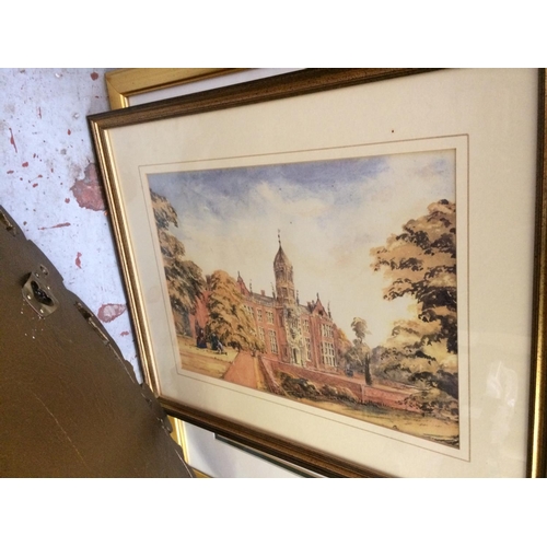 519 - TWO PICTURES AND A MIRROR TO INCLUDE A ROSTHERNE CHURCH OF CHESHIRE PRINT, MANOR HOUSE PRINT AND A G... 