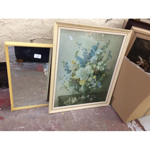 523 - A DRESSING TABLE MIRROR AND A FLORAL PRINT