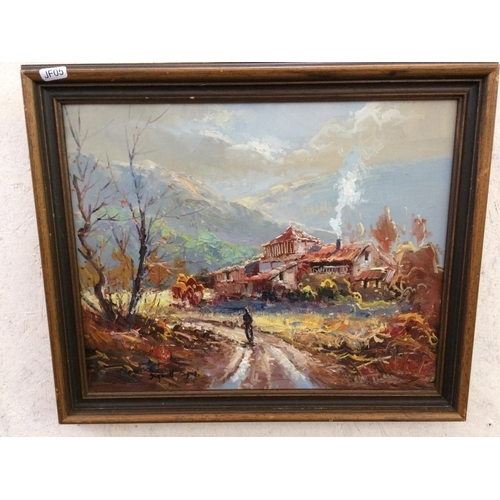 524 - TWO OIL ON CANVAS PICTURES TO INCLUDE A COUNTRY SCENE AND A STREET SCENE