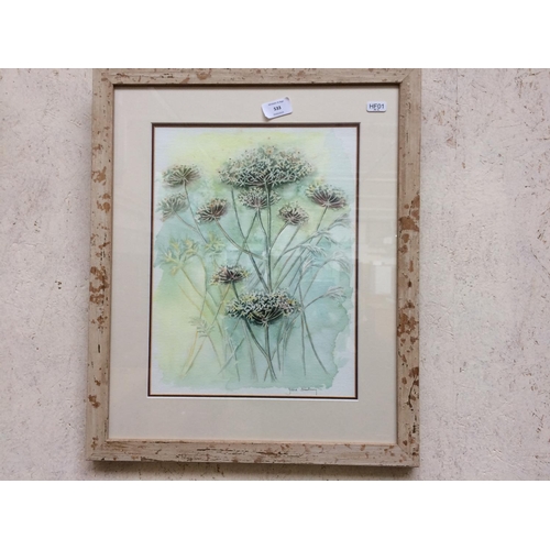 533 - A FRAMED WATERCOLOUR BY JUNE BRADBURY AND A GILT FRAMED MIRROR