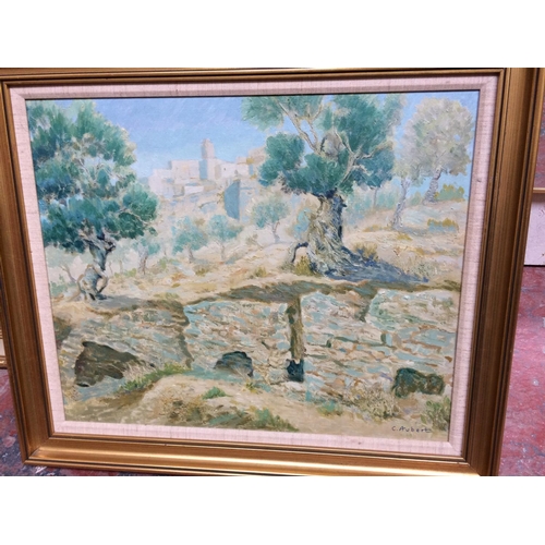 536 - A GILT FRAMED BEVEL EDGE MIRROR AND AN OIL ON BOARD BY C . AUBERT