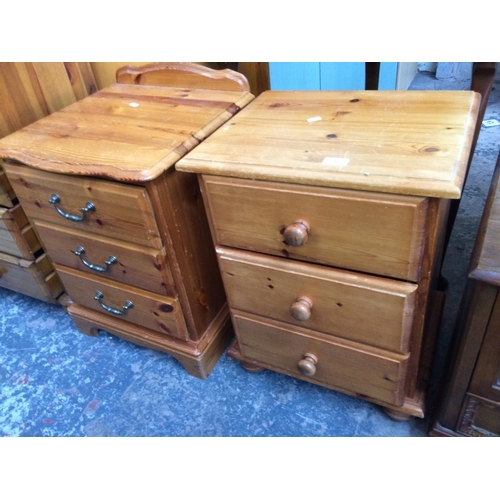 594 - TWO ITEMS: A PINE CHEST OF THREE DRAWERS AND A PINE BEDSIDE CHEST OF THREE DRAWERS