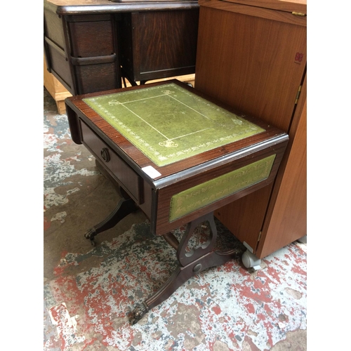 623 - A MAHOGANY GREEN LEATHER TOP DROP LEAF SOFA TABLE