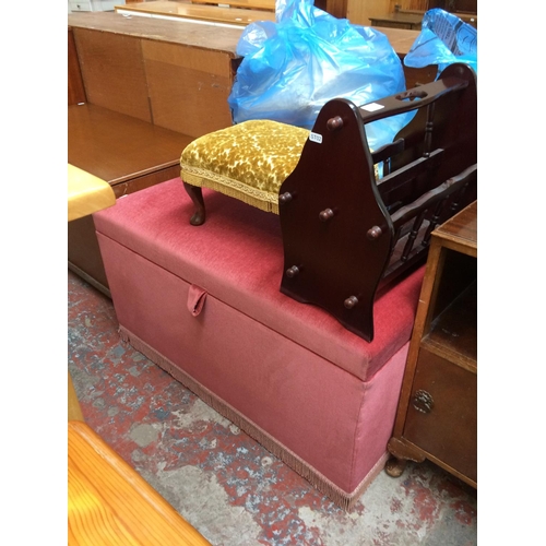 639 - THREE ITEMS: A PINK DRALON BEDDING CHEST, MAHOGANY MAGAZINE RACK AND A SMALL FOOTSTOOL