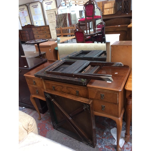 648 - THREE ITEMS: TWO COLLAPSIBLE CARD TABLES AND A MAHOGANY DRESSING TABLE WITH FIVE DRAWERS AND UPPER M... 