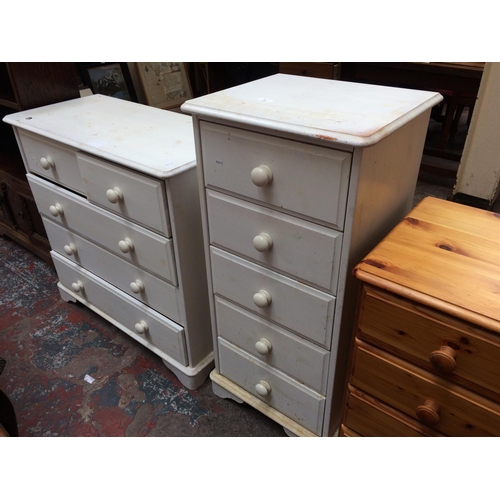 660 - TWO ITEMS: A WHITE PAINTED CHEST OF FIVE DRAWERS AND A WHITE PAINTED CHEST OF TWO SHORT OVER THREE L... 