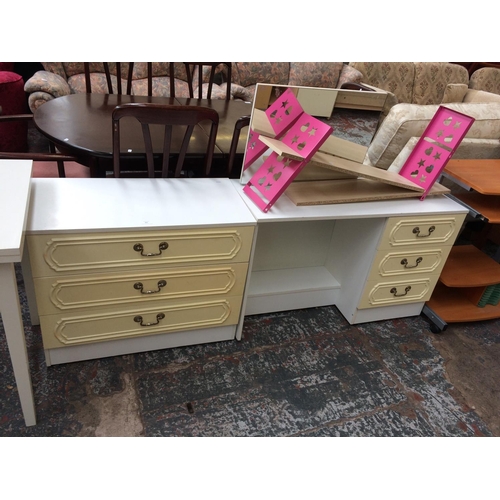 667 - THREE ITEMS: A WHITE LAMINATE DRESSING TABLE, WHITE LAMINATE CHEST OF THREE DRAWERS AND A CHILD'S BO... 