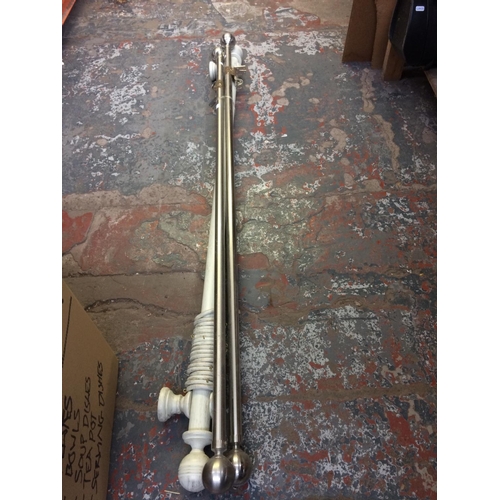 67 - THREE CURTAIN POLES TO INCLUDE TWO STAINLESS STEEL 5' AND ONE WHITE PAINTED WOOD 5'