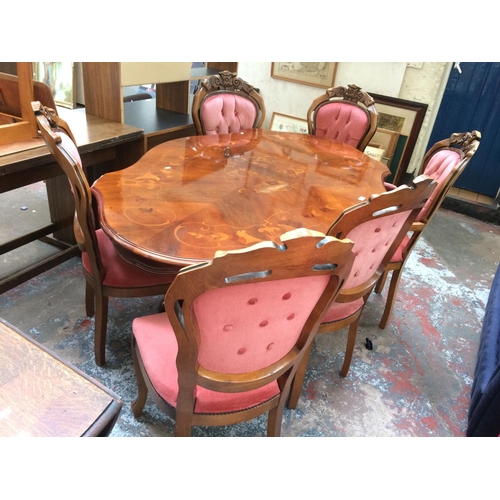 681 - A MAHOGANY SERPENTINE PEDESTAL DINING TABLE AND SIX MATCHING CHAIRS