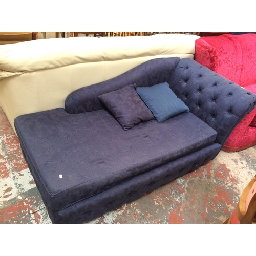 682 - A BLUE BUTTON BACK DRALON CHAISE LONGUE SOFA BED