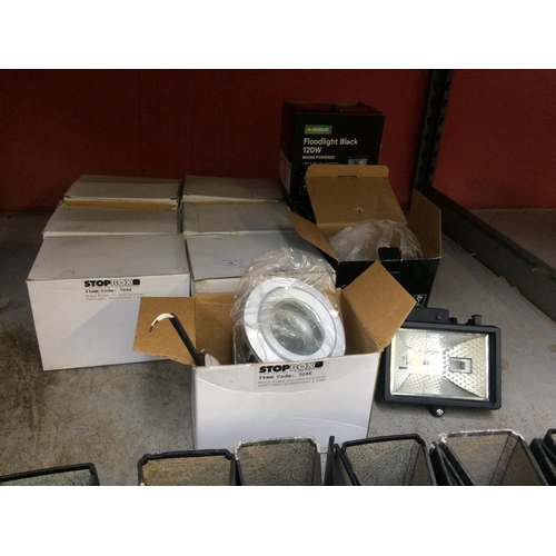 75 - ELEVEN ITEMS TO INCLUDE SEVEN BOXED HALOGEN DOWNLIGHTERS AND 4 BOXED HOMEBASE 120 WATT HALOGEN SECUR... 