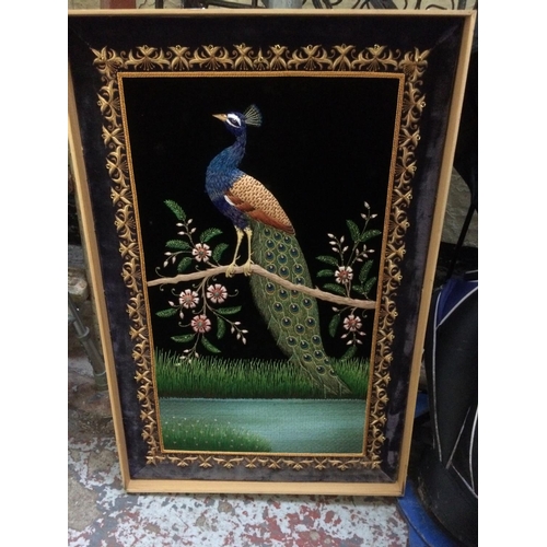 83 - FOUR ITEMS TO INCLUDE AN EMBROIDERED PICTURE OF A PEACOCK, INFRADEX PORTABLE GAS HEATER, BAGGED SET ... 