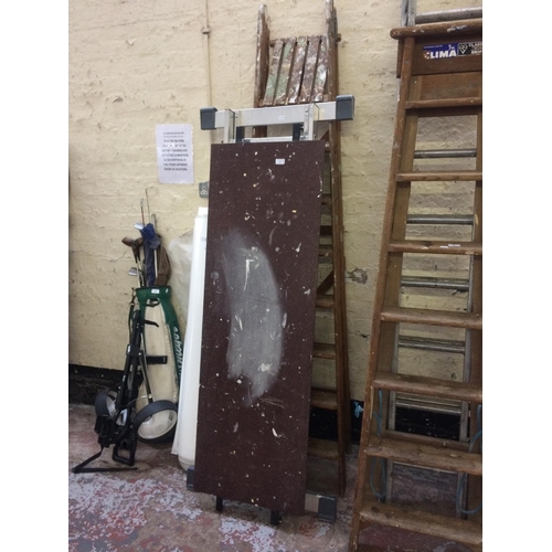 87 - THREE ITEMS TO INCLUDE A HVS MULTI PURPOSE WORK LADDER WITH PLATFORM AND A SET OF VINTAGE EIGHT STEP... 