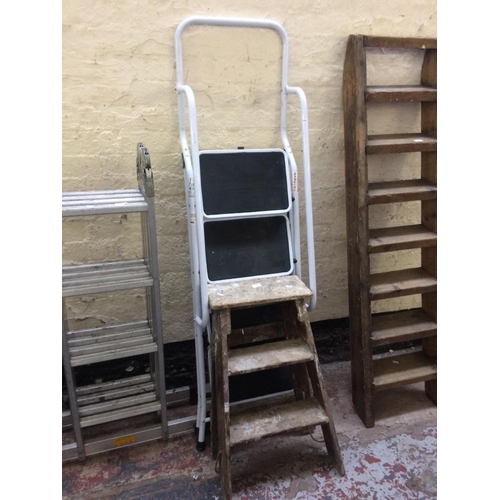 91 - TWO ITEMS TO INCLUDE A SET OF VINTAGE THREE STEP WOODEN STEP LADDERS AND A SET OF COOPERS WHITE META... 